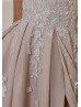 Deep V Neck Beaded Lace Tulle Tie Back Slit Wedding Dress